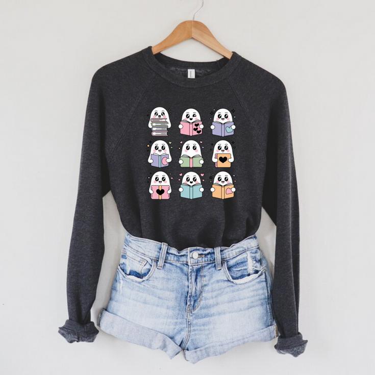 Halloween Ghosts Reading Books Pattern Spooky Kawaii Anime Raglan Sleeve Sweatshirt