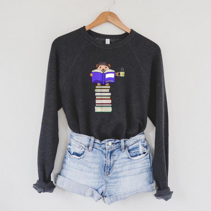 Hedgehog Reading Books And Drinking Tea Raglan Sleeve Sweatshirt