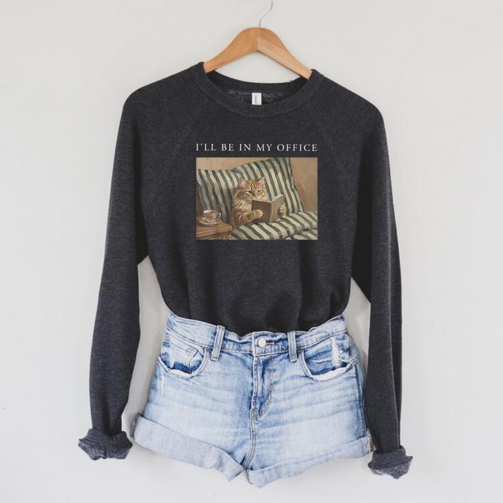 I'Ll Be In My Office Retro Cat Reading Book Nerd Read Reader Raglan Sleeve Sweatshirt