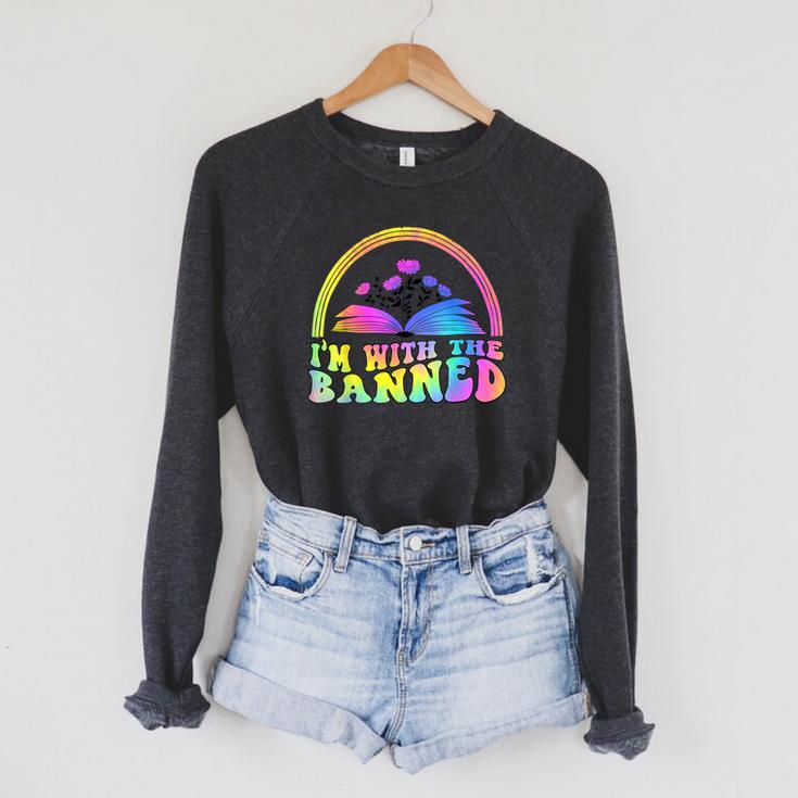 I'm With The Banned Books Retro Tie Dye Wildflowers Raglan Sleeve Sweatshirt