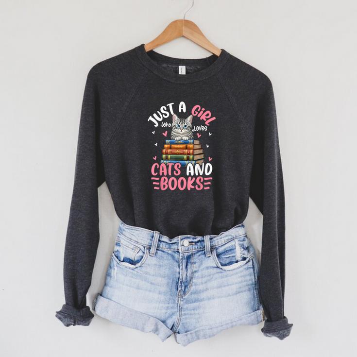 Just A Girl Who Loves Books And Cats Cat Reading Girls Raglan Sleeve Sweatshirt