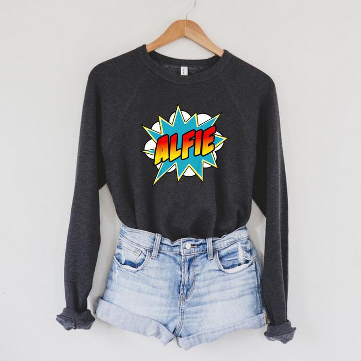 Kids Boys Alfie Name Comic Book Superhero Raglan Sleeve Sweatshirt Kids Boys Alfie Name Comic Book Superhero Raglan Sleeve Sweatshirt