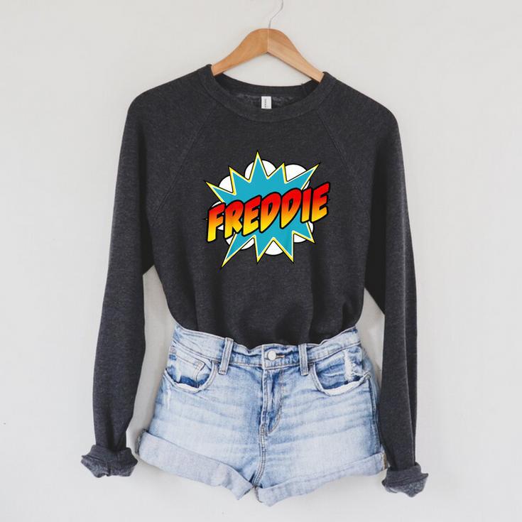 Kids Boys Freddie Name Comic Book Superhero Raglan Sleeve Sweatshirt