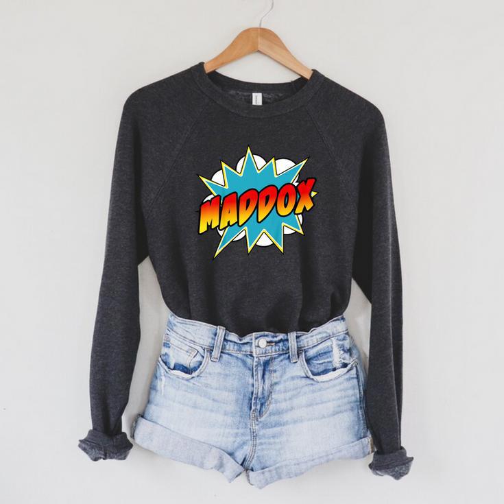Kids Boys Maddox Name Comic Book Superhero Raglan Sleeve Sweatshirt Kids Boys Maddox Name Comic Book Superhero Raglan Sleeve Sweatshirt