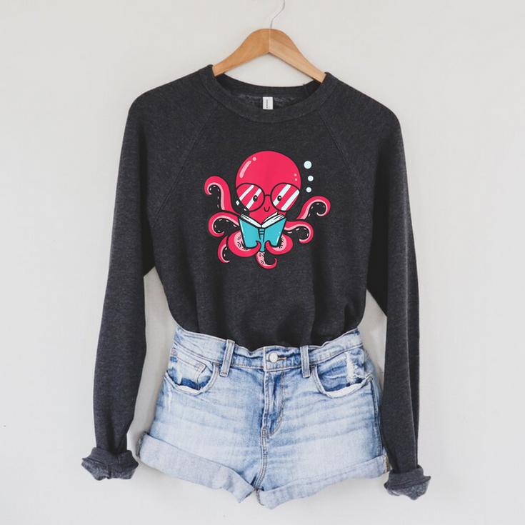 Librarian Book Sea Ocean Giant Squid Reading Octopus Raglan Sleeve Sweatshirt Librarian Book Sea Ocean Giant Squid Reading Octopus Raglan Sleeve Sweatshirt