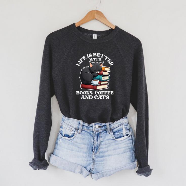 Life Is Better With Books Cats & Coffee Librarian Book Lover Raglan Sleeve Sweatshirt