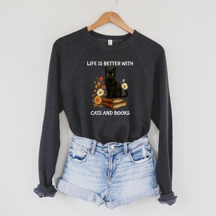 Life Is Better With Cats And Books Cute Cat Lover For Men Women Kids Raglan Sleeve Sweatshirt