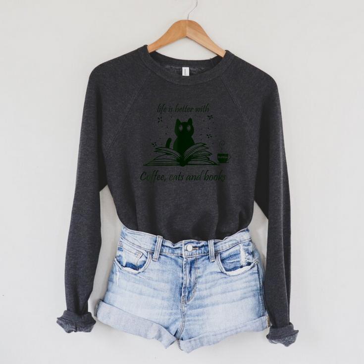 Life With Book Reading Cats And Coffee Ironic Kitty Raglan Sleeve Sweatshirt