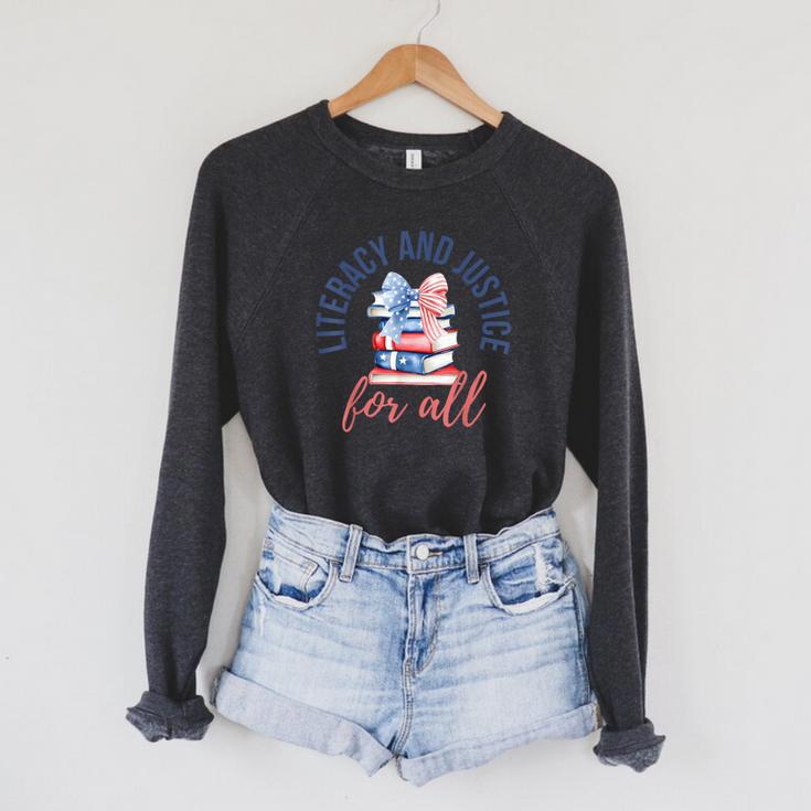 Literacy And Justice For All Book Coquette Bookworm 4th July Raglan Sleeve Sweatshirt