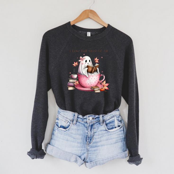 I Love Fall Most Of All Halloween Ghost Book Lover Raglan Sleeve Sweatshirt