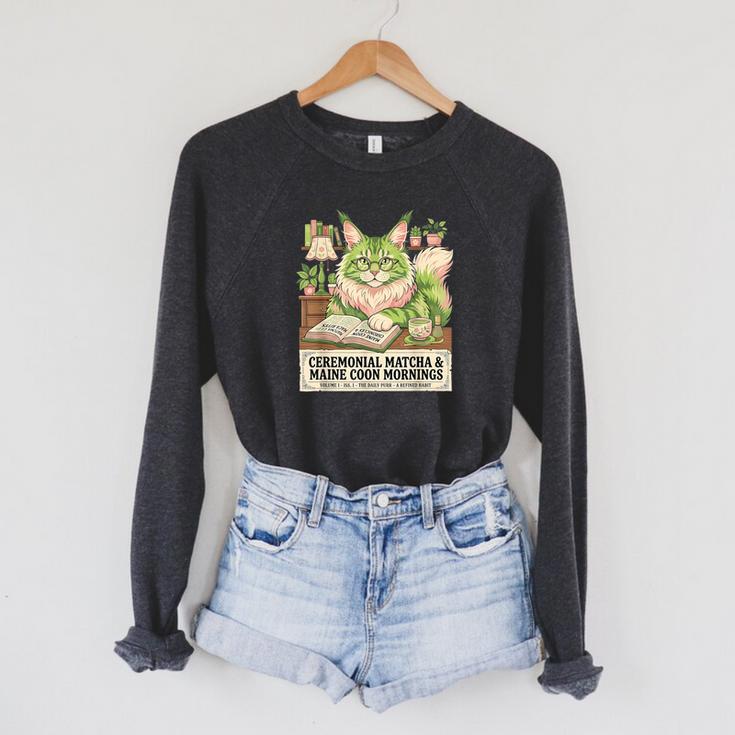 Matcha Drinking Maine Coon Cat Reading Books Aesthetic Raglan Sleeve Sweatshirt