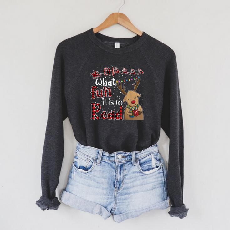Oh What Fun It Is To Read Christmas Cute Reindeer Read Books Raglan Sleeve Sweatshirt