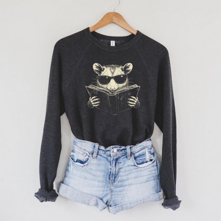 Opossum Reading Book Sunglasses Vintage Trash Panda Raglan Sleeve Sweatshirt
