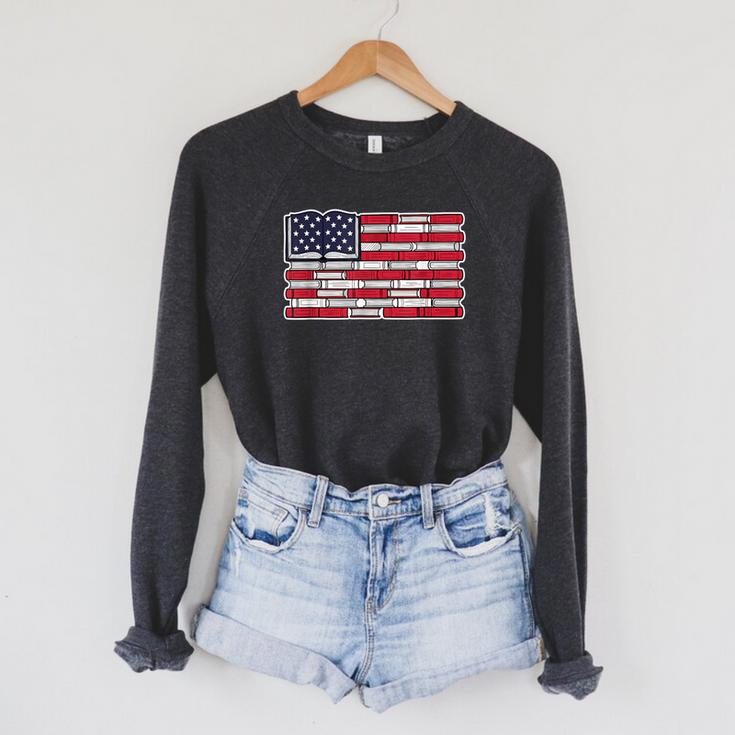 Patriotic Book Flag Reading American Flag Books Teacher Raglan Sleeve Sweatshirt
