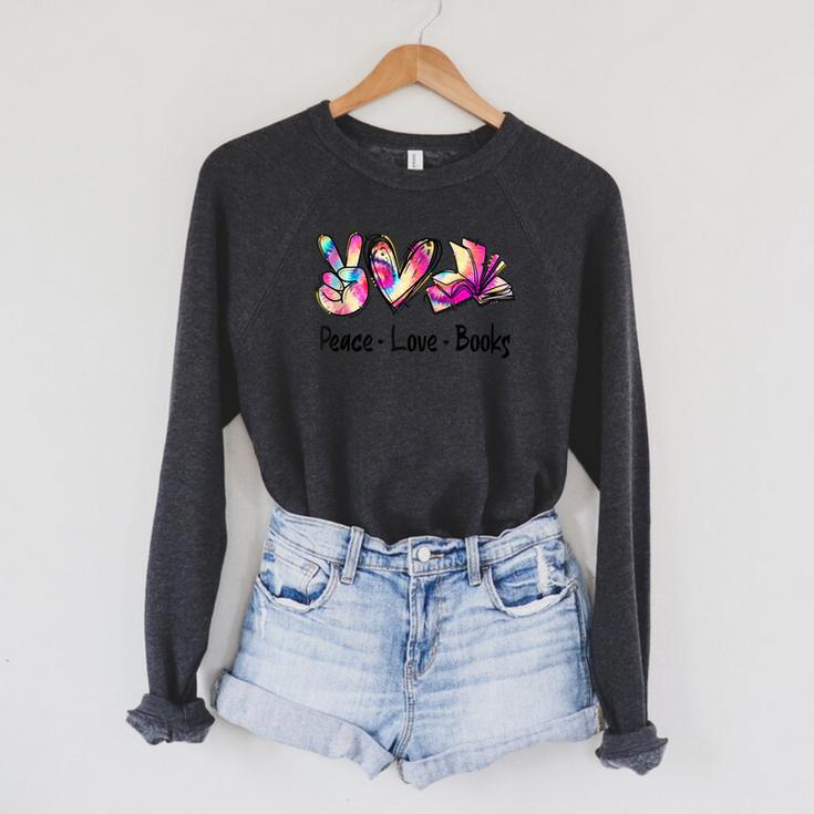 Peace Love Books Librarian Teacher Life Book Library Tie Dye Raglan Sleeve Sweatshirt Peace Love Books Librarian Teacher Life Book Library Tie Dye Raglan Sleeve Sweatshirt