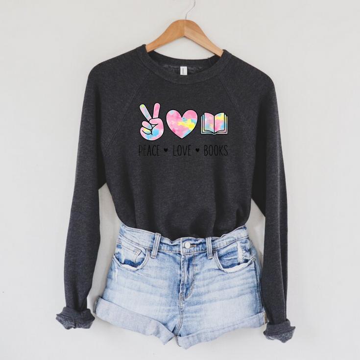 Peace Love Books Pastel Reading Heart Art For Book Lovers Raglan Sleeve Sweatshirt