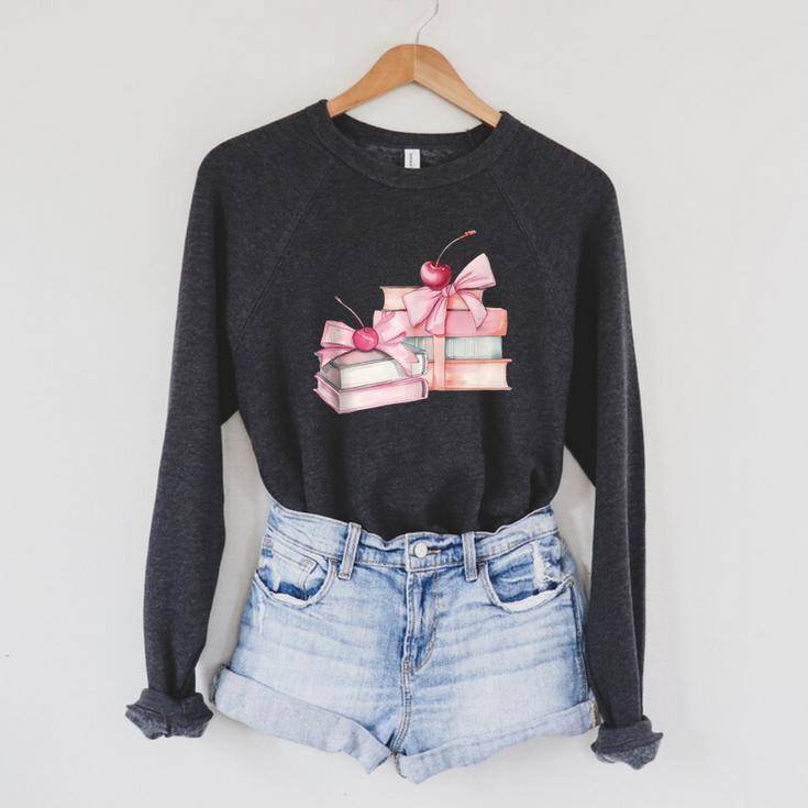 Pink Bow Books And Cherries For Book Lover Girl Women Raglan Sleeve Sweatshirt Pink Bow Books And Cherries For Book Lover Girl Women Raglan Sleeve Sweatshirt