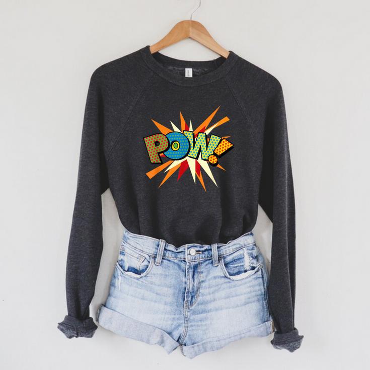 POW Colorful Comic Book Pop Art Fun Superhero Raglan Sleeve Sweatshirt POW Colorful Comic Book Pop Art Fun Superhero Raglan Sleeve Sweatshirt
