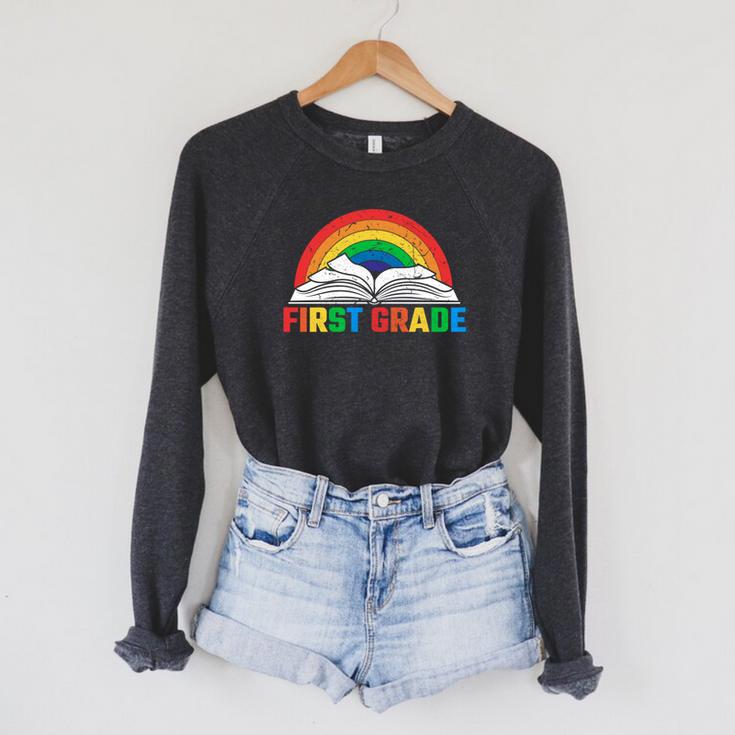 Rainbow Colors First Grade Squad Reading Book Graphic Raglan Sleeve Sweatshirt