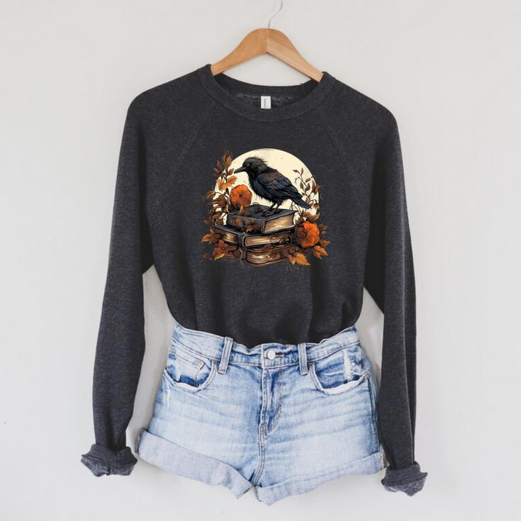 Raven Reading Book Occult Crow Raglan Sleeve Sweatshirt