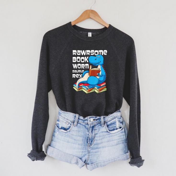 Rawrsome Bookworm Dinosaur T-Rex Book Reading Boys Raglan Sleeve Sweatshirt