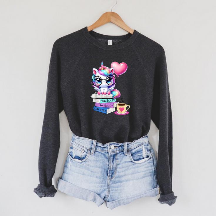 Read Books Be Kind Stay Weird Cute Unicorn Reading Librarian Raglan Sleeve Sweatshirt