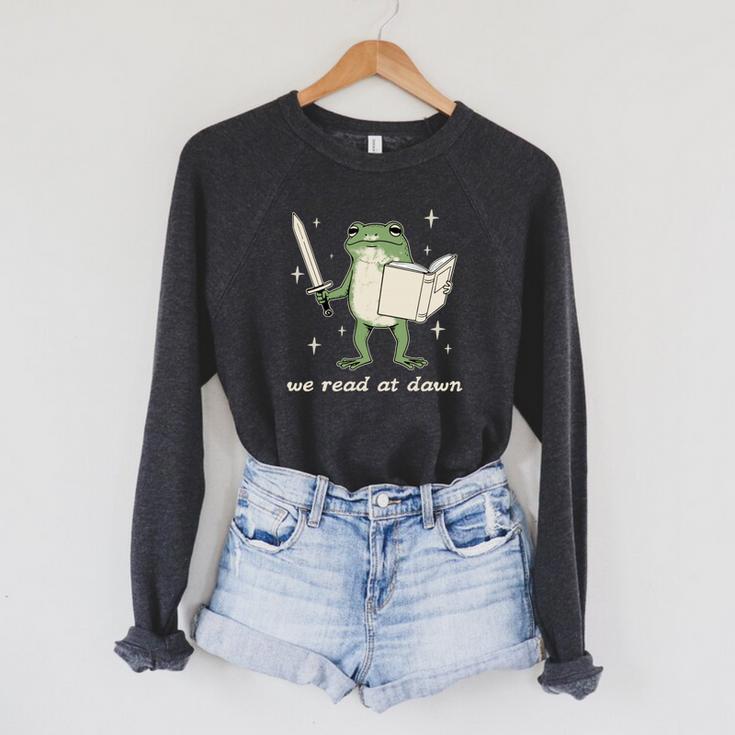 We Read At Dawn Vintage Frog Reading Book Frog Meme Raglan Sleeve Sweatshirt