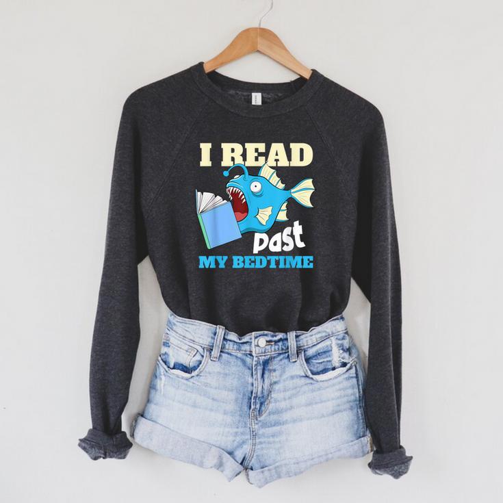 I Read Past My Bed Time Book Reading Anglerfish Librarian Raglan Sleeve Sweatshirt
