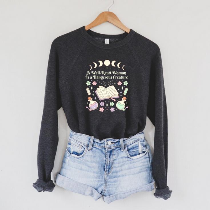 Well Read Woman Literature Quote Celestial Book Floral Raglan Sleeve Sweatshirt