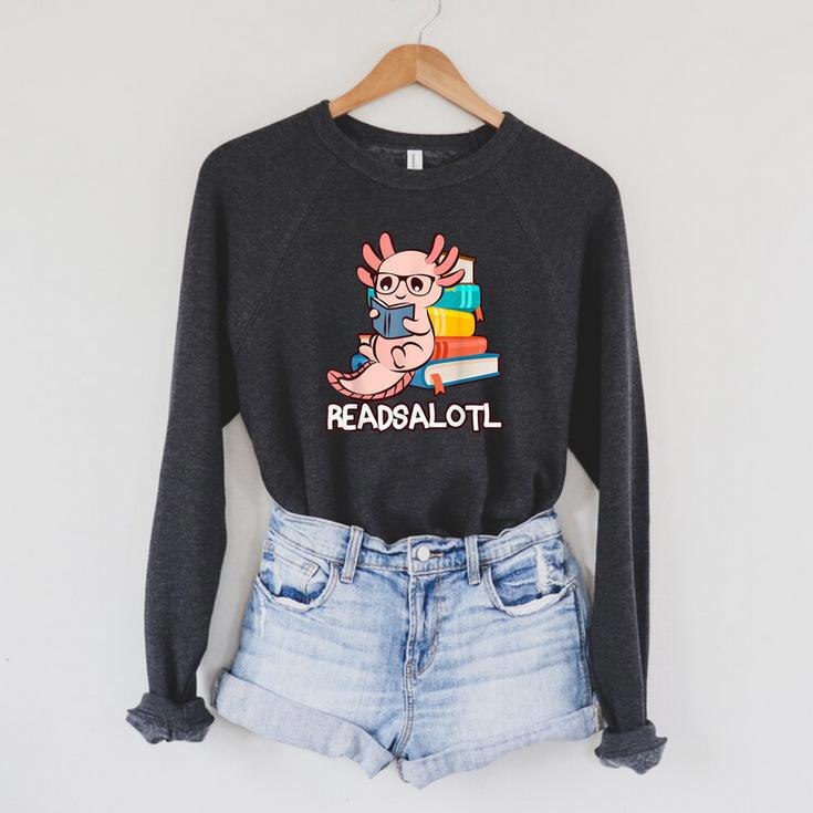 Readalotl a Kawaii Axolotl Reading a Book As Readsalotl Raglan Sleeve Sweatshirt