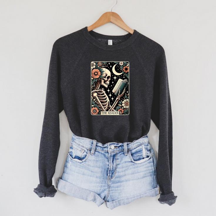 The Reader Tarot Card Skeleton Reading Book Bookworm Bookish Raglan Sleeve Sweatshirt