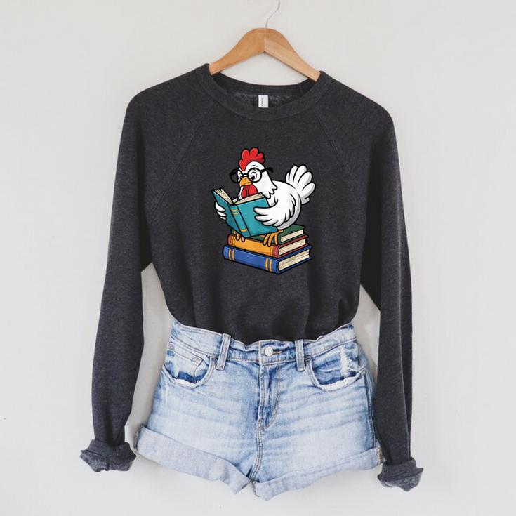 Reading Chicken Bookworm Cute Chicken With Glasses Books Raglan Sleeve Sweatshirt