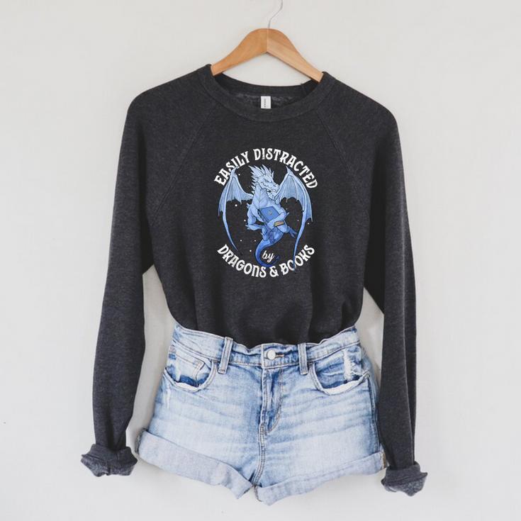 Reading Dragon Easily Distracted By Books Lover Bookworm Raglan Sleeve Sweatshirt