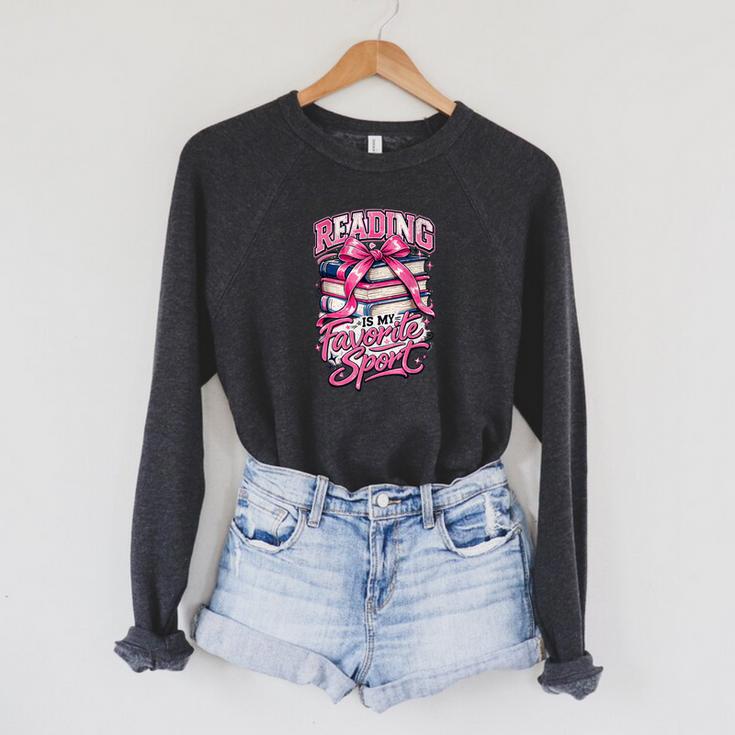 Reading Is My Favorite Sport Pink Bow Coquette Book Lover Raglan Sleeve Sweatshirt