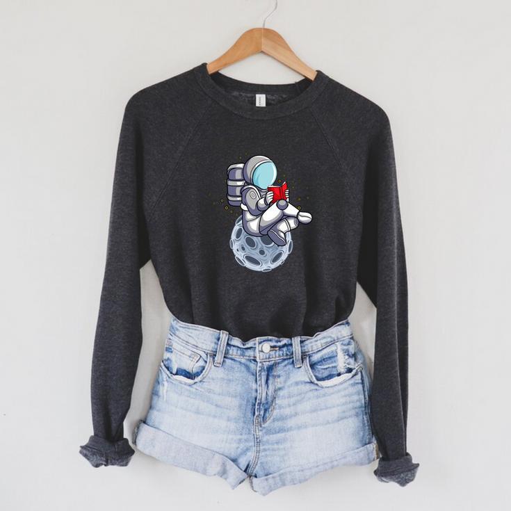 Reading Read Books Reader Nerd Cartoon Astronaut Moon Raglan Sleeve Sweatshirt
