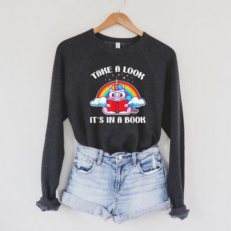 Reading Unicorn Take A Look It's In A Book Retro Rainbow Raglan Sleeve Sweatshirt