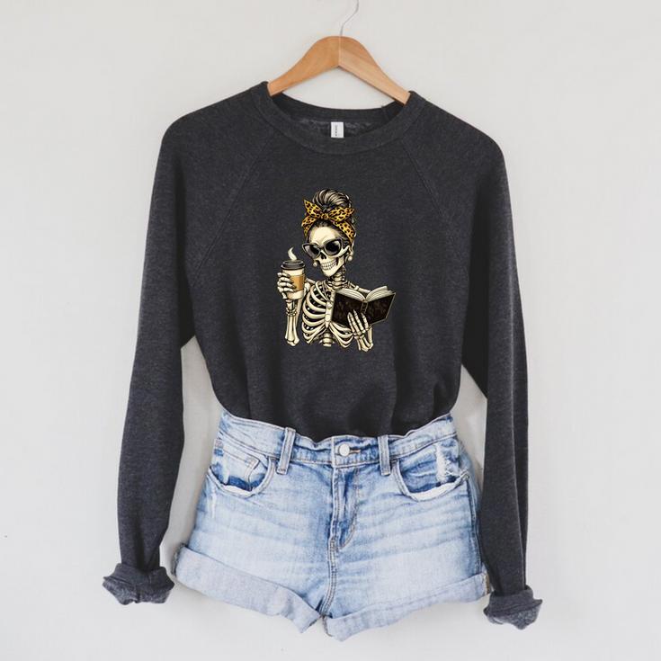 Skeleton Girl Drinking Coffee And Reading Book Raglan Sleeve Sweatshirt