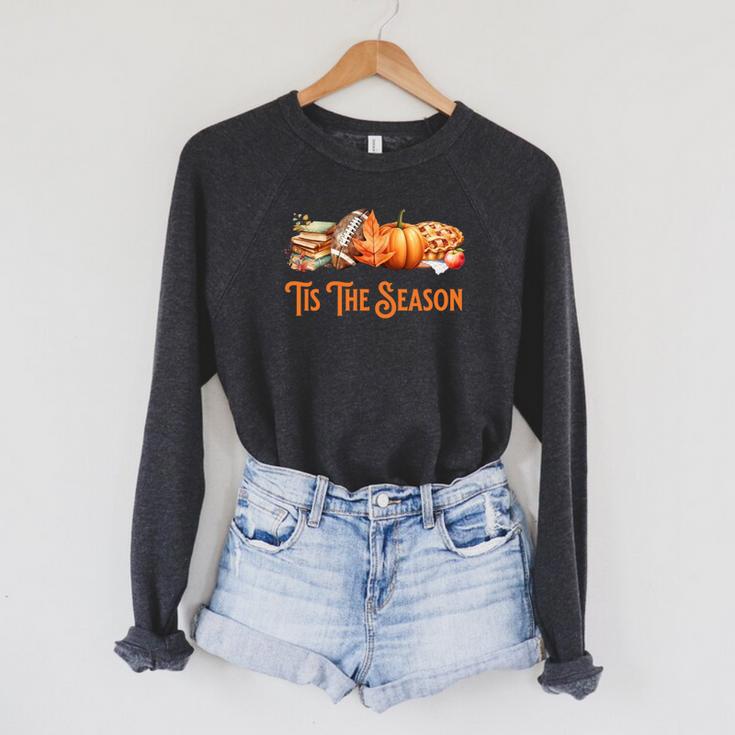 Tis The Season Fall Reading Books Football Pumpkin Apple Pie Raglan Sleeve Sweatshirt