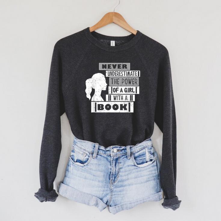 Never Underestimate Power Of Girl With Book Feminist Cute Raglan Sleeve Sweatshirt