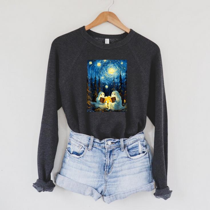 Van Gogh Starry Night Ghost Book Reading Camping Halloween Raglan Sleeve Sweatshirt