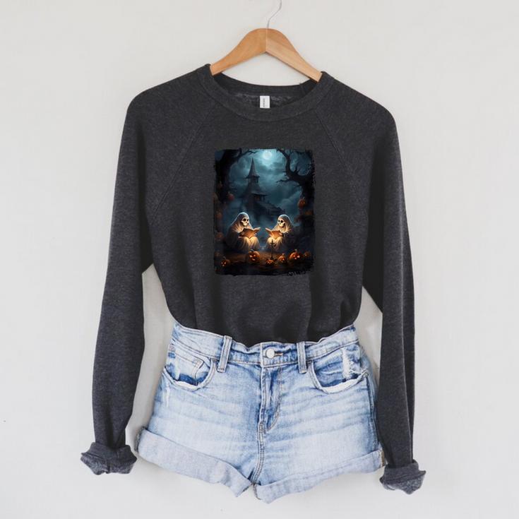 Vintage Boo Halloween Camping Reading Teacher Books Ghost Raglan Sleeve Sweatshirt