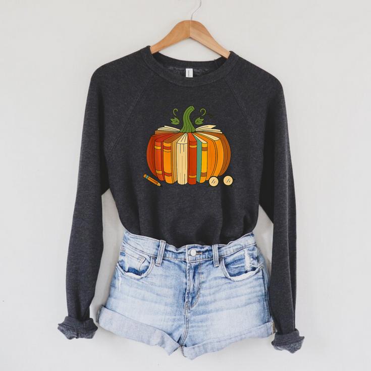 Vintage Book Pumpkin Autumn Fall Librarians Bookworm Teacher Raglan Sleeve Sweatshirt