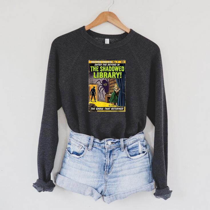 Vintage Horror Comic Book Cover Shadowed Library Zombie Raglan Sleeve Sweatshirt