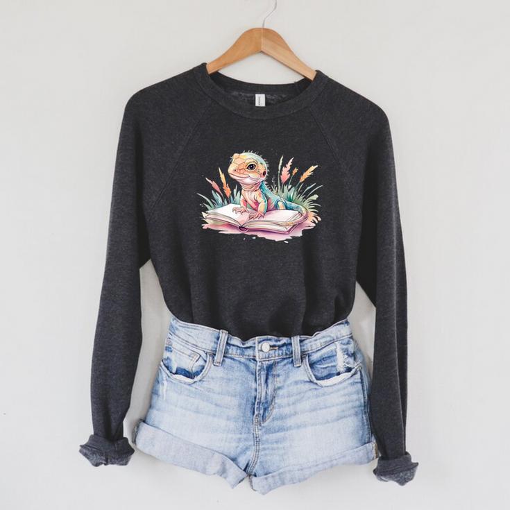 Watercolor Lizzard Reading Book Cute Kids Raglan Sleeve Sweatshirt