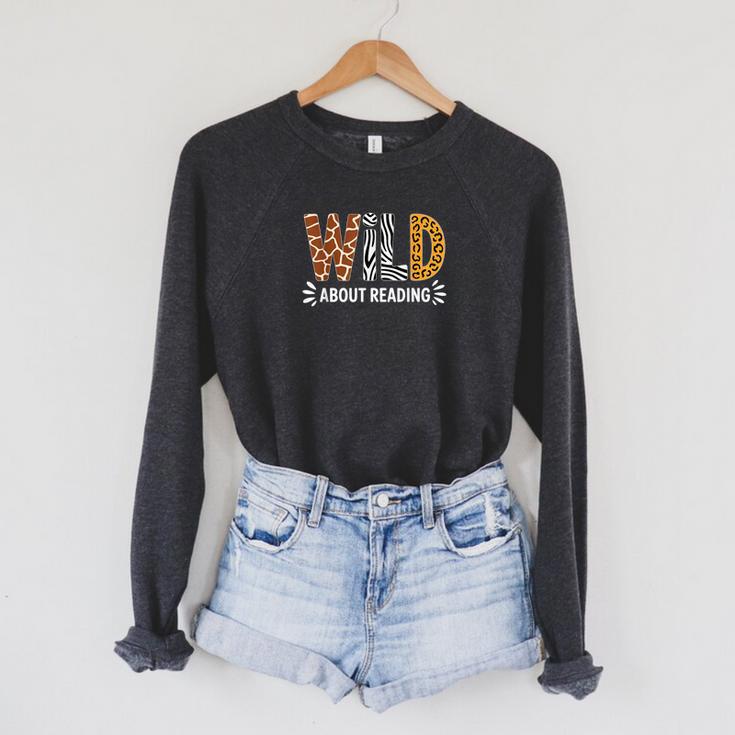 Wild About Reading Book Animal Children's Book Teacher Raglan Sleeve Sweatshirt