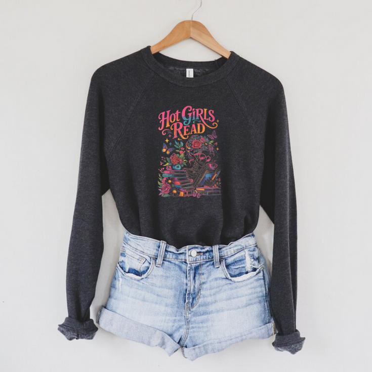 Women's Hot Girls Reader Floral Book Lover Cute Skeleton Reading Raglan Sleeve Sweatshirt