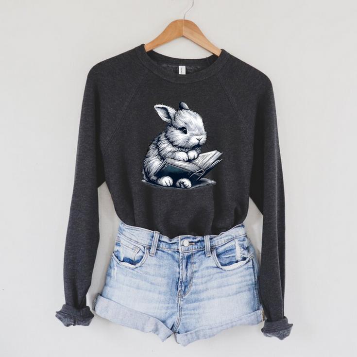 Adorable Reading Bunny Drawing For Book Lovers Philossophers Raglan Sleeve Sweatshirt
