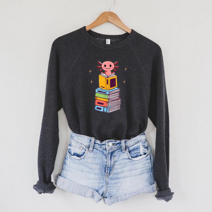 Axolotl Bookworm Girls Cute Book Reading Axolotl Pink Raglan Sleeve Sweatshirt