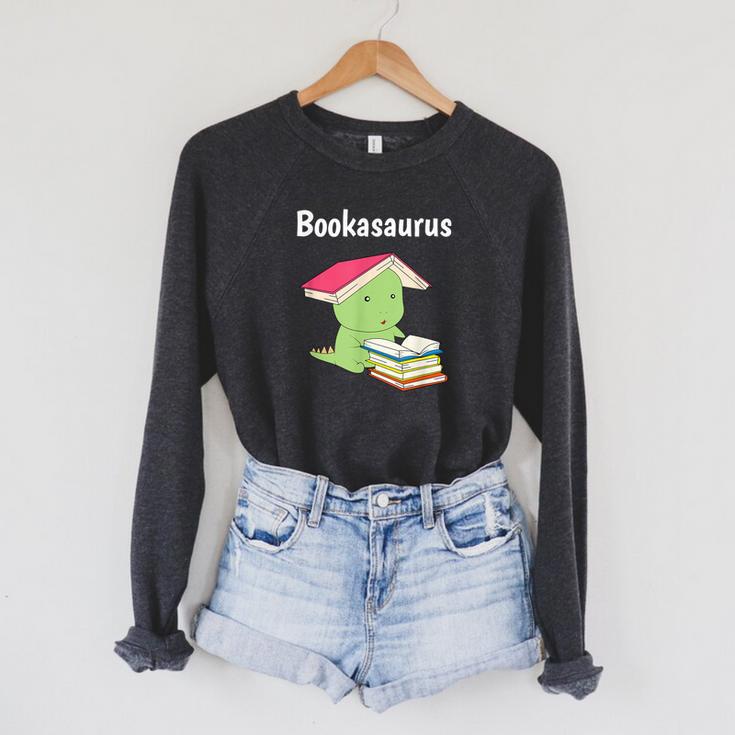 Bookasaurus T-Rex Reading Dinosaur Book Pun T Shirt Raglan Sleeve Sweatshirt