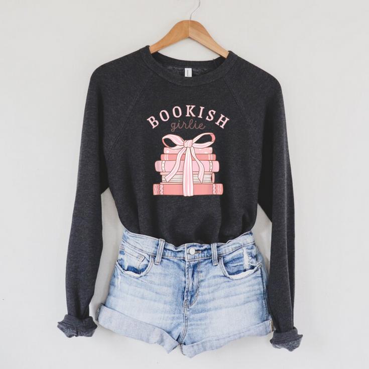 Bookish Girlie Coquette Bow Book Lover Pink Feminine Reader Raglan Sleeve Sweatshirt